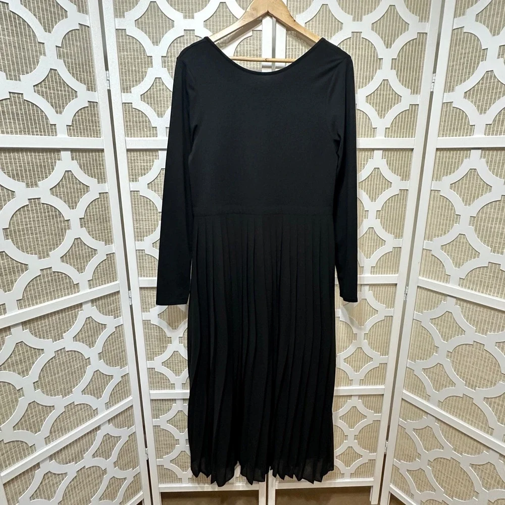 J.Crew Pleated Maxi Dress Women L Black Long Sleeve Scoop Neck Modest Minimalist